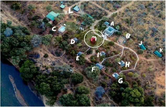 Baluleni Safari Lodge site plan map showing the Bush Spa